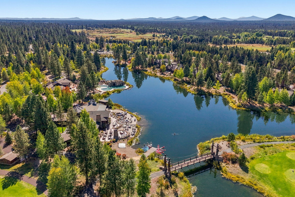 A bird’s-eye view of Caldera Springs, with Obsidian Lake, resort amenities and miles of tranquil pine forest all around