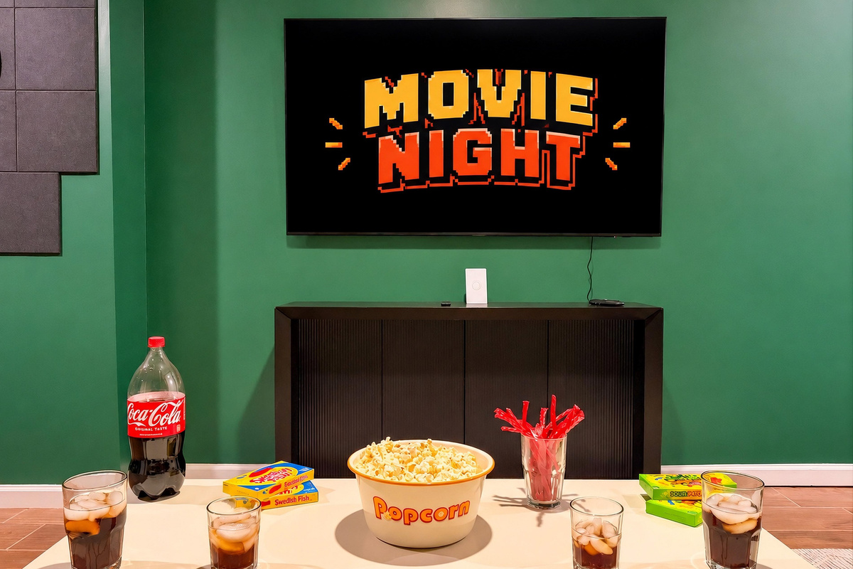 Have a true movie night experience after playing a few arcade games on our 4K Roku TV(please note food and drinks are not provided)