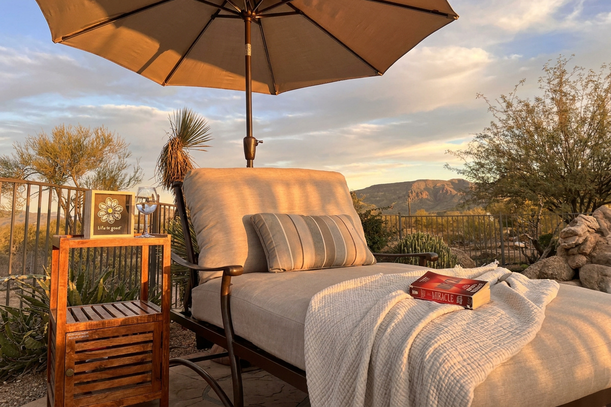 Cuddle up with your favorite person in our double wide chaise lounger, or just take all that extra space for yourself! With a view of the pool and the mountains this might be your favorite spot!