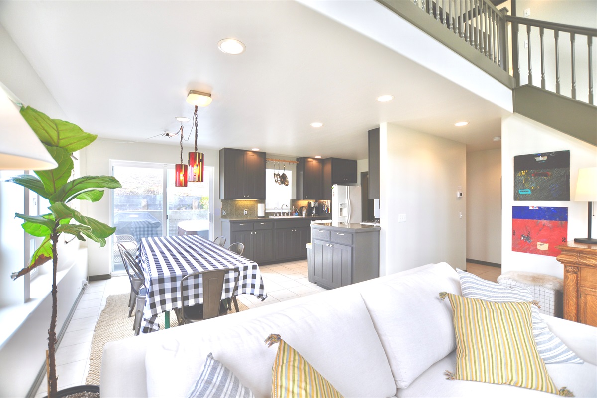 A great layout for cooking for friends -- the kitchen opens on to the dining room and living room