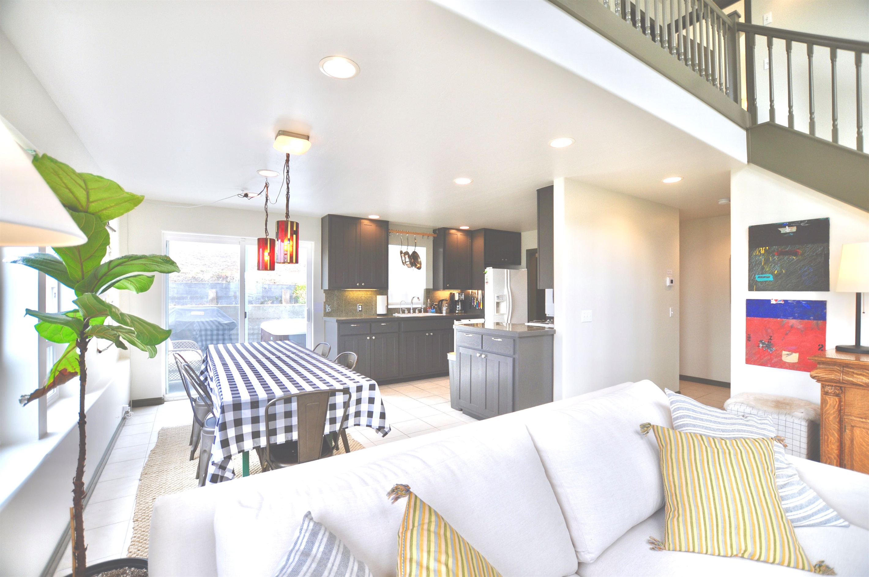 A great layout for cooking for friends -- the kitchen opens on to the dining room and living room