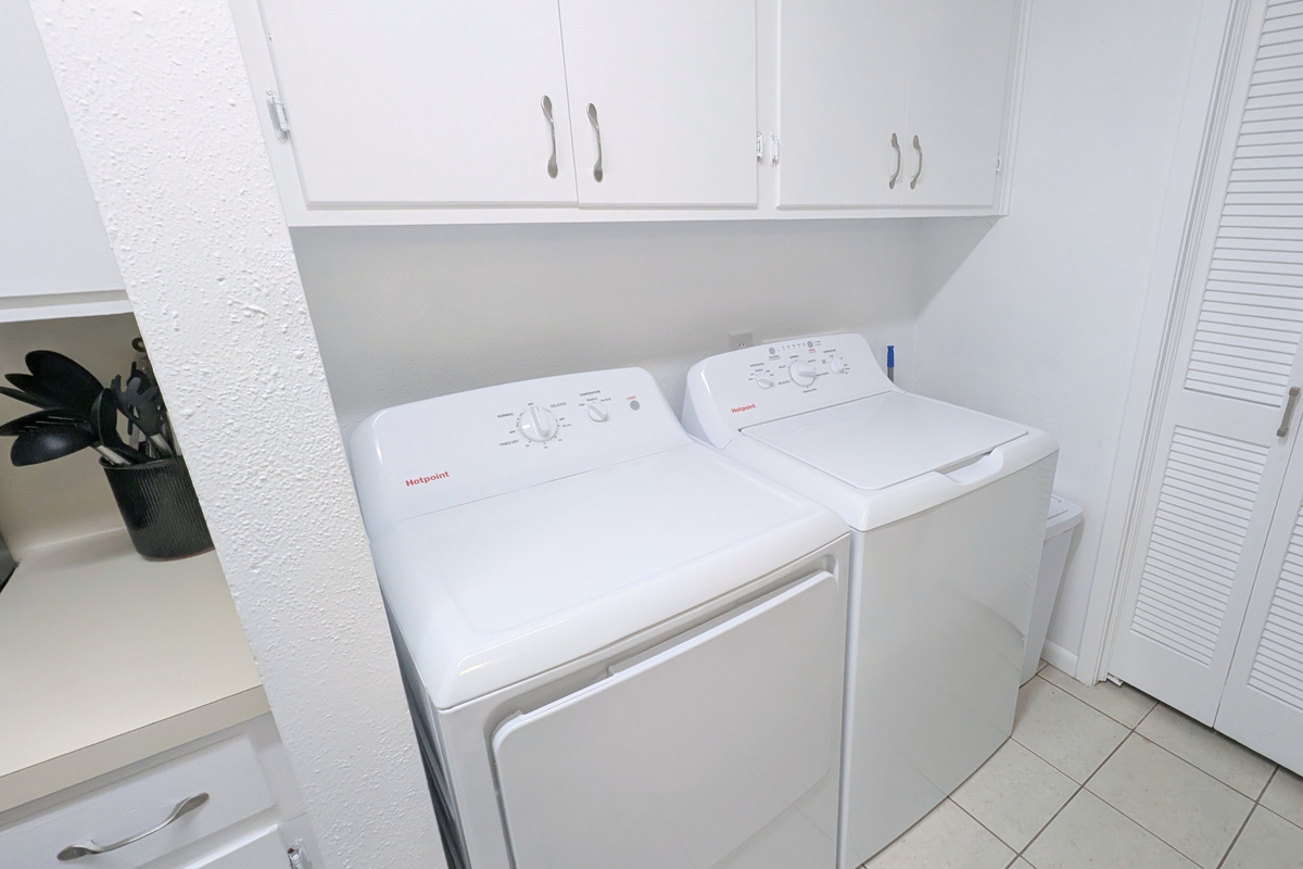 Guests may use the full sized washer and dryer with complimentary, allergen free detergent, stain treatment spray, and dryer sheets. 