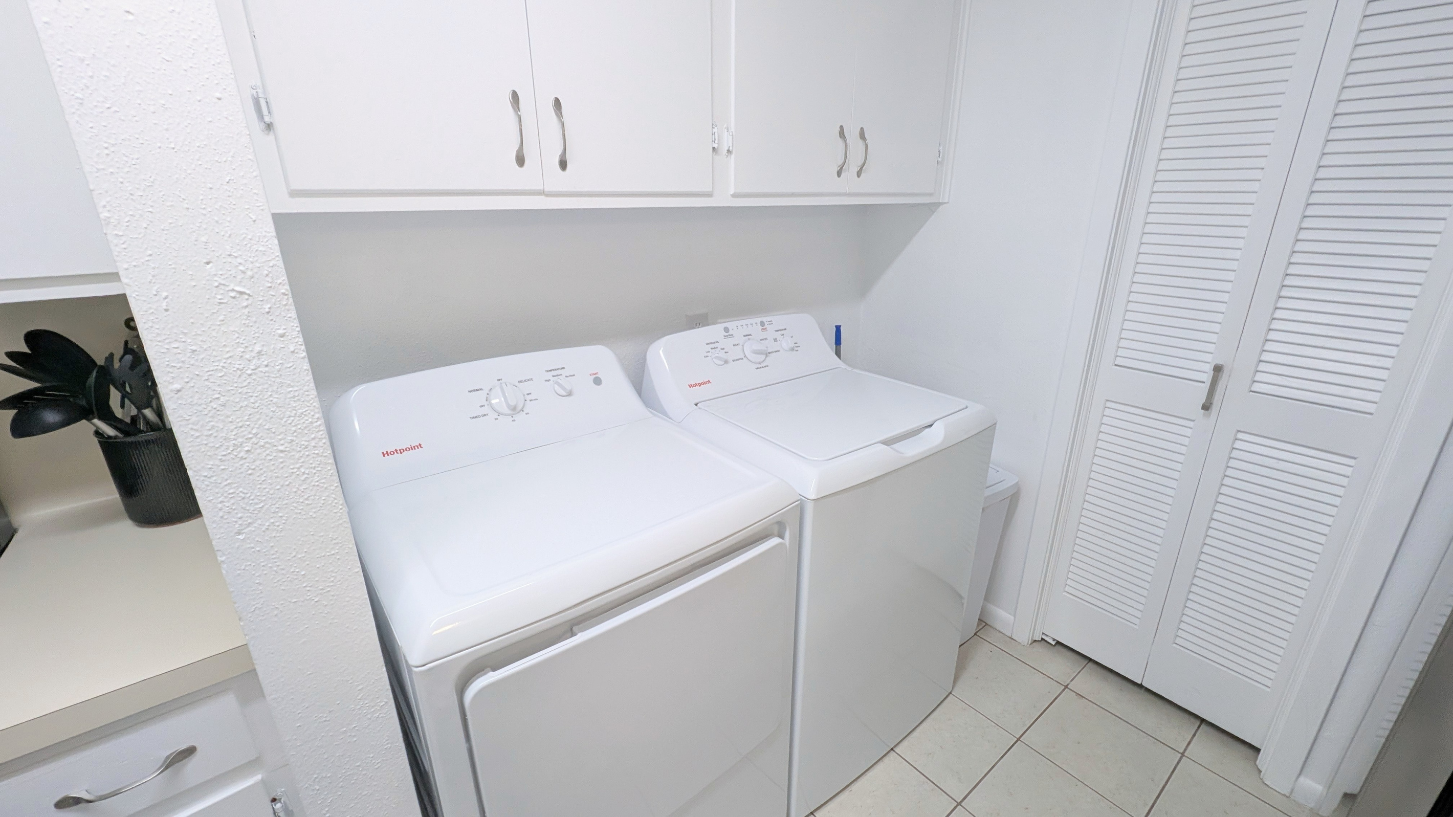 Guests may use the full sized washer and dryer with complimentary, allergen free detergent, stain treatment spray, and dryer sheets. 