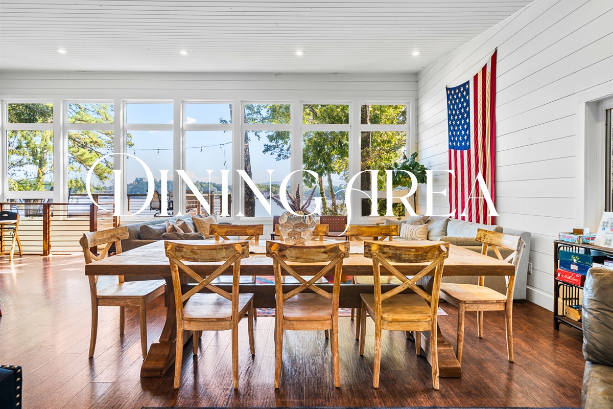 Dining room with space for the whole crew, surrounded by light and views.