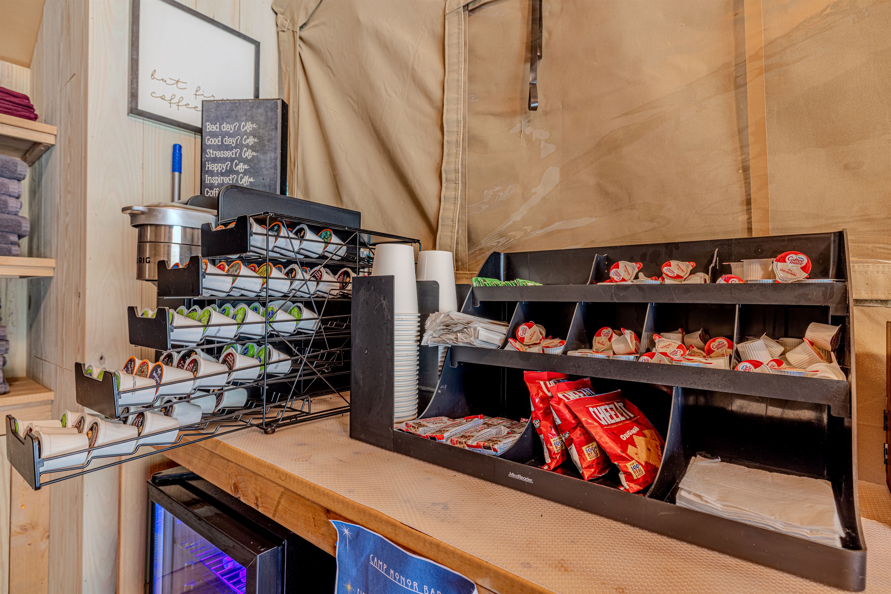 Customize your morning cup. We offer a full range of coffee bar essentials, including pure raw honey, specialty syrups, sweeteners, and creamers—all available via our easy Honor System.