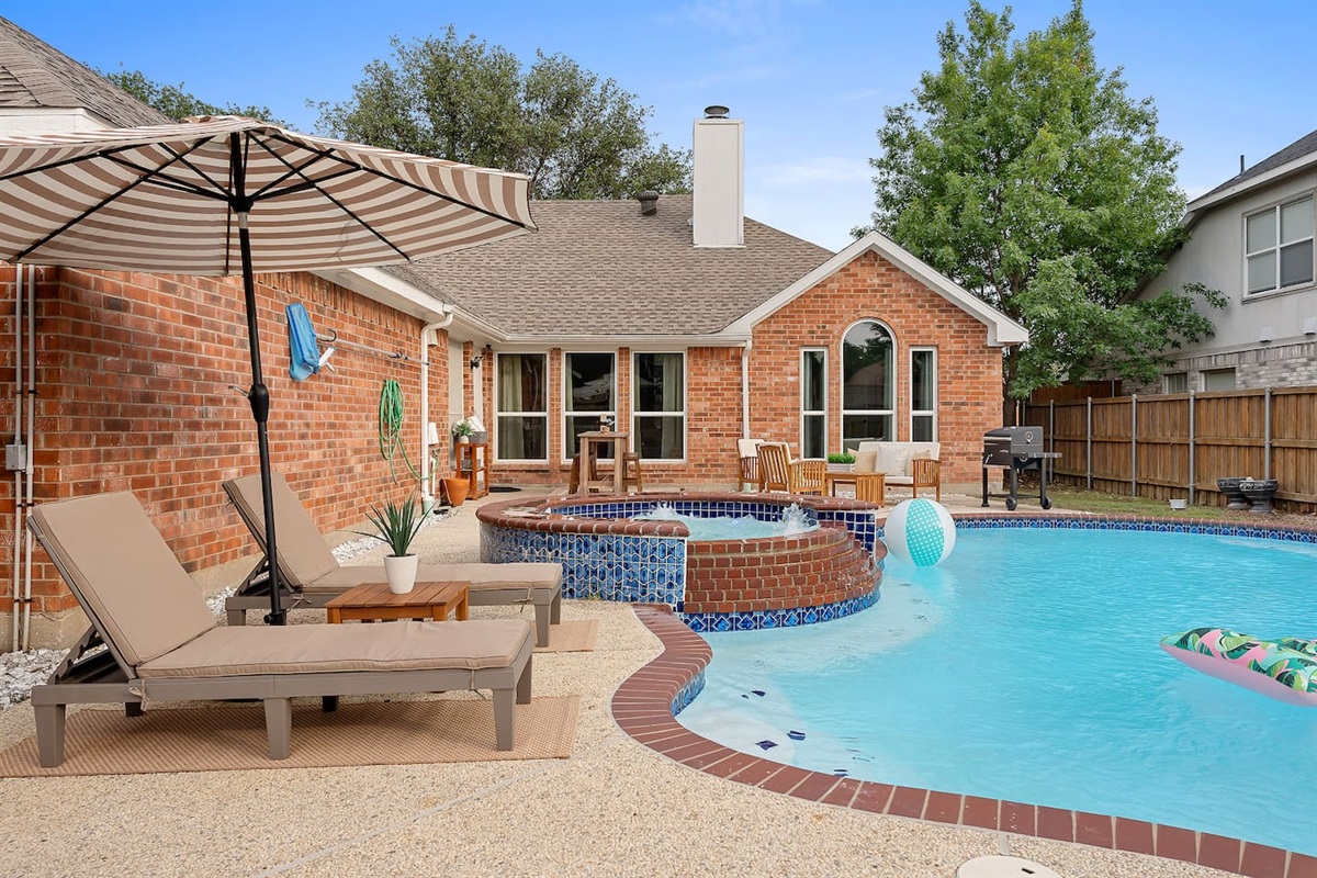 Dive into our refreshing pool, unwind in the inviting hot tub, and savor the sizzle of a BBQ grill amidst the comfort of lounge beds, the perfect recipe for a day of relaxation and outdoor enjoyment.