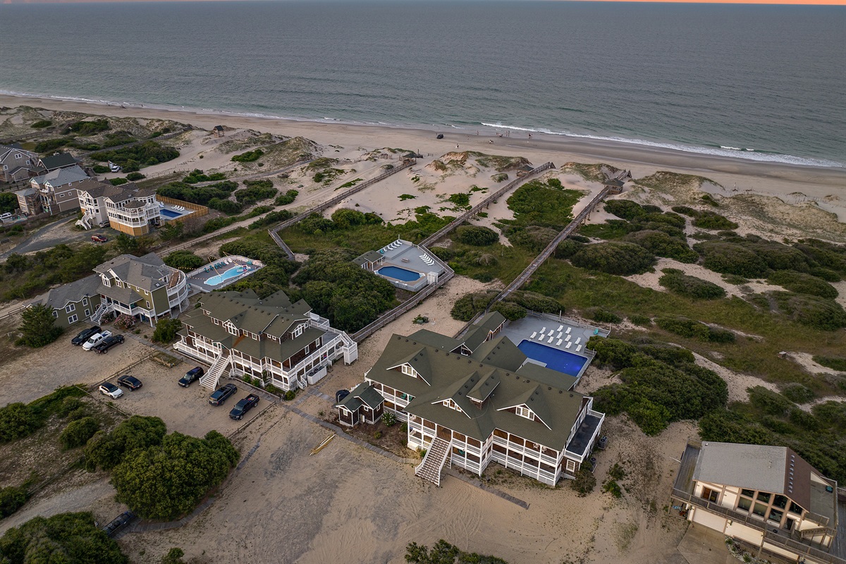 Aerial View — The Mark Twain Estate on 6 Private Oceanfront Acres | Beach Ceremony Space & Estate Grounds | Corolla 4x4