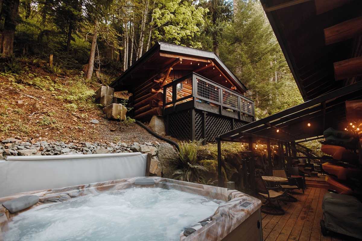 Hot tub area, looking up at the bunk house.