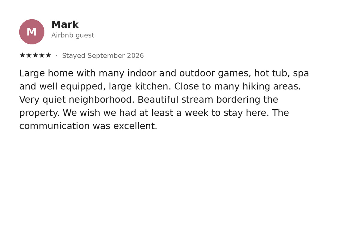 A real five-star guest review — one of 100+ at 4.99 stars.