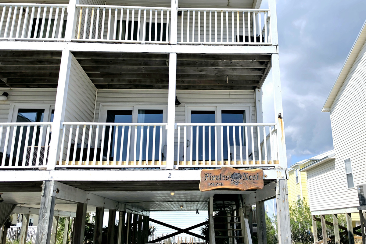 Covered balconies and the Pirates Nest sign