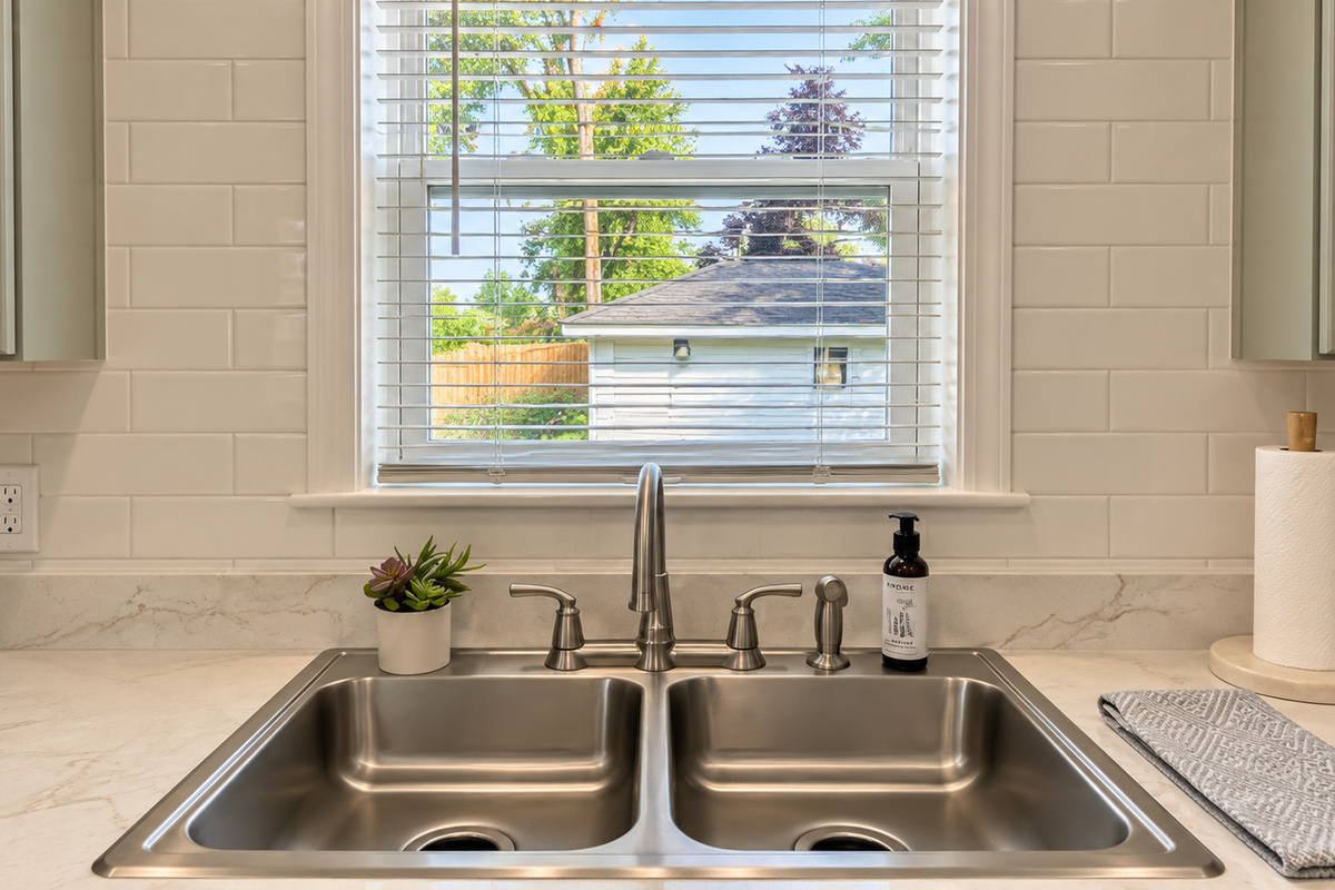 Enjoy the convenience of a private garage, visible just beyond the kitchen window.