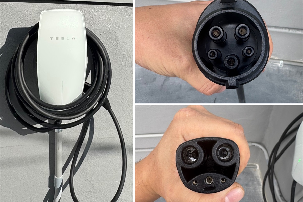 Tesla Universal Wall Connector / Charging Station includes two adapters: NACS & JJ1772. The charging station is in the gated backyard area & yes you are permitted to park on the concrete while charging your EV. Tesla EV's use the NACS. Some EV's use JJ1772