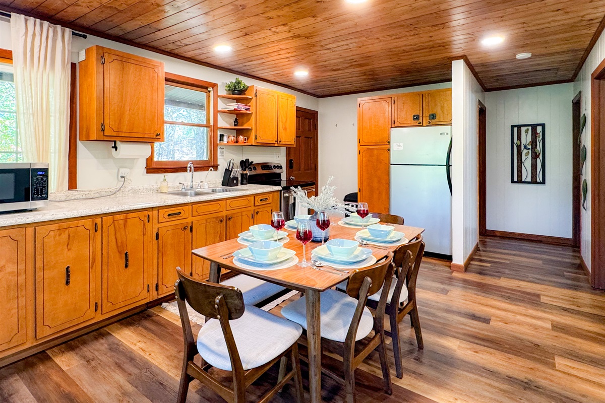 Dining and kitchen area on the main level of the cabin