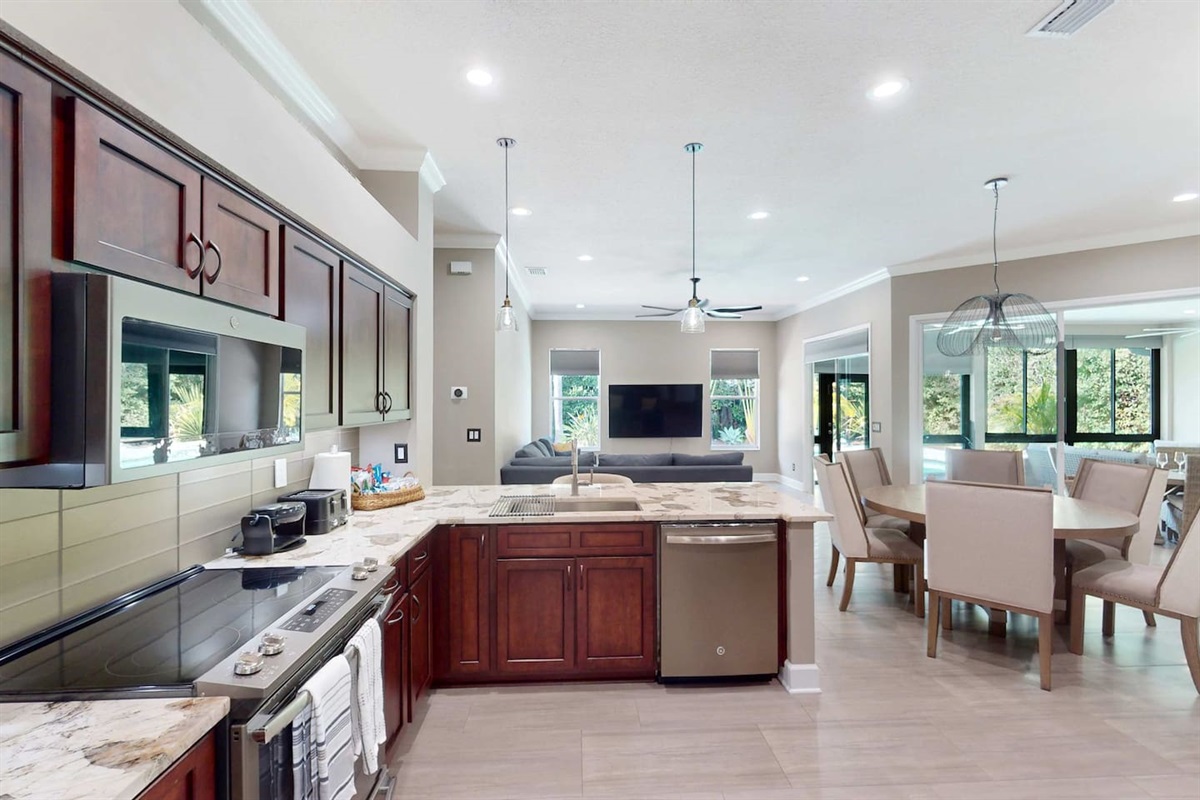 Sleek kitchen ready for cooking & connection.