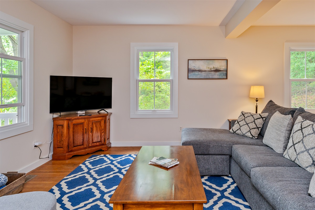 Relax in a bright living room with a large sliding door opening to the porch, surrounded by lush greenery and peaceful lake views.