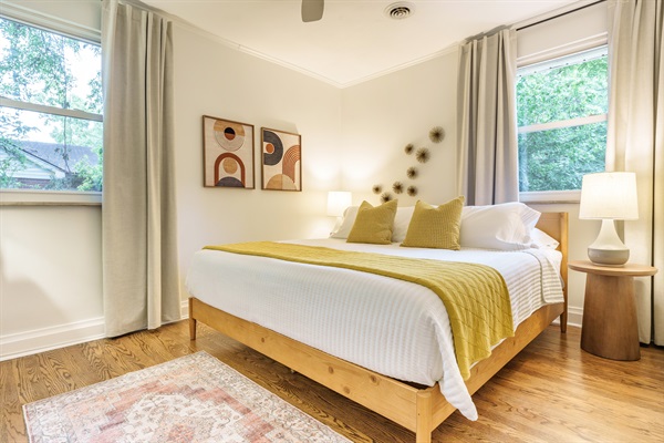 King bed | fresh linens | extra blankets and pillows | black out curtains