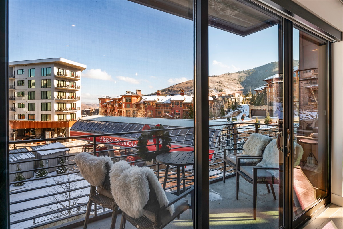 Enjoy the balcony overlooking the ski beach and the new Sunrise gondola