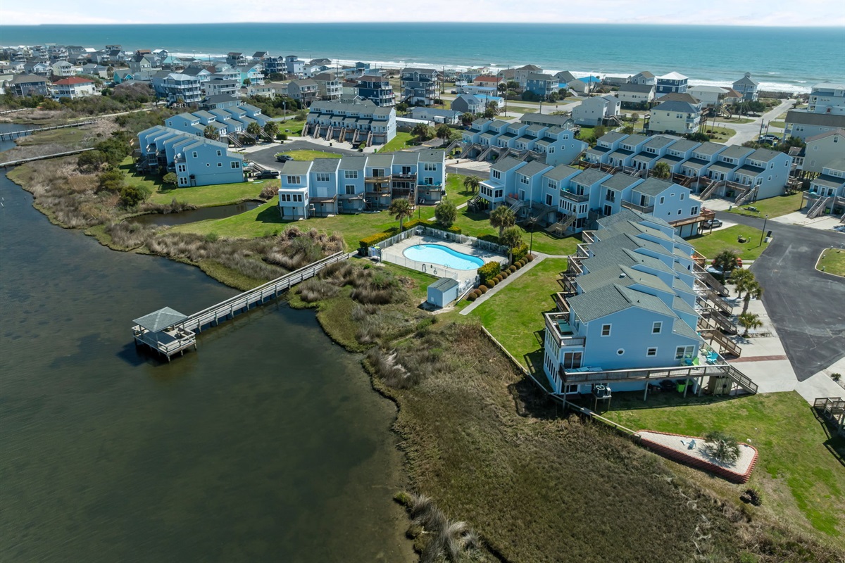 Aerial view showing beach and sound on both sides