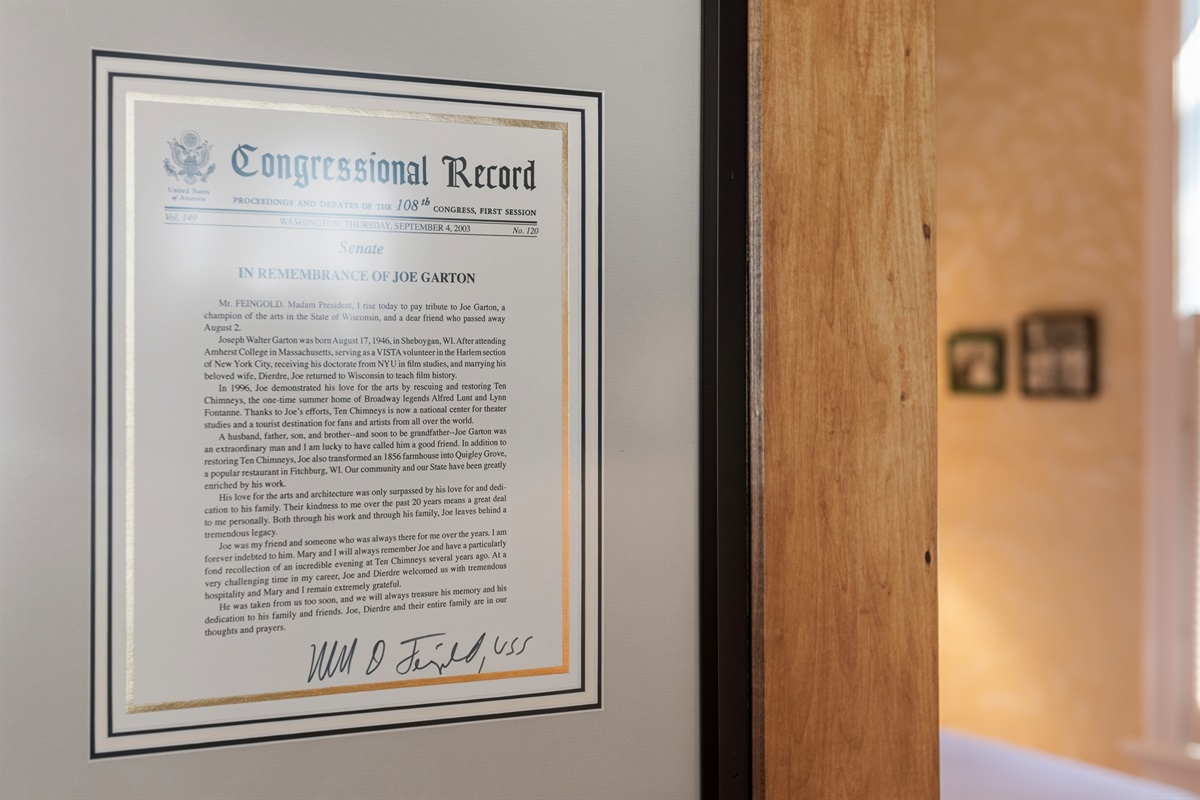 Close-up of historic document framed for display