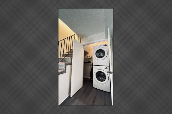 Brand new LG stack, we also supply ironing board, clothes steamer, mops, and vacuum. But you don’t HAVE to use any of it!