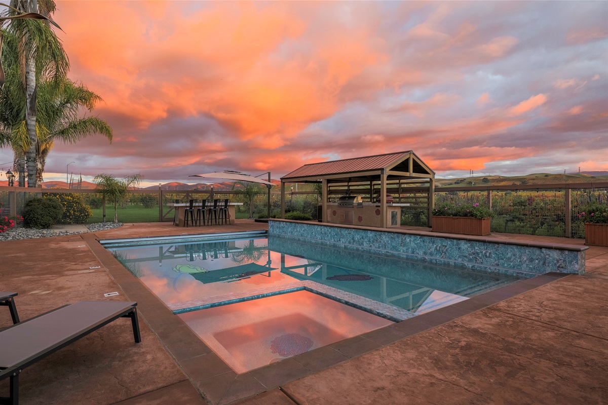 Our new pool and hot tub at sunset on the vineyard.