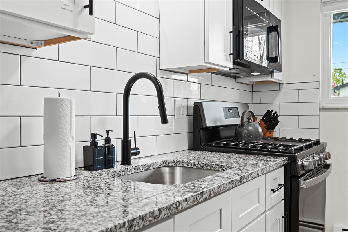 Modern kitchen with sleek finishes, granite countertops, and everything you need to cook at home.