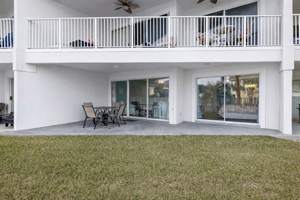 Outside patio and lawn.