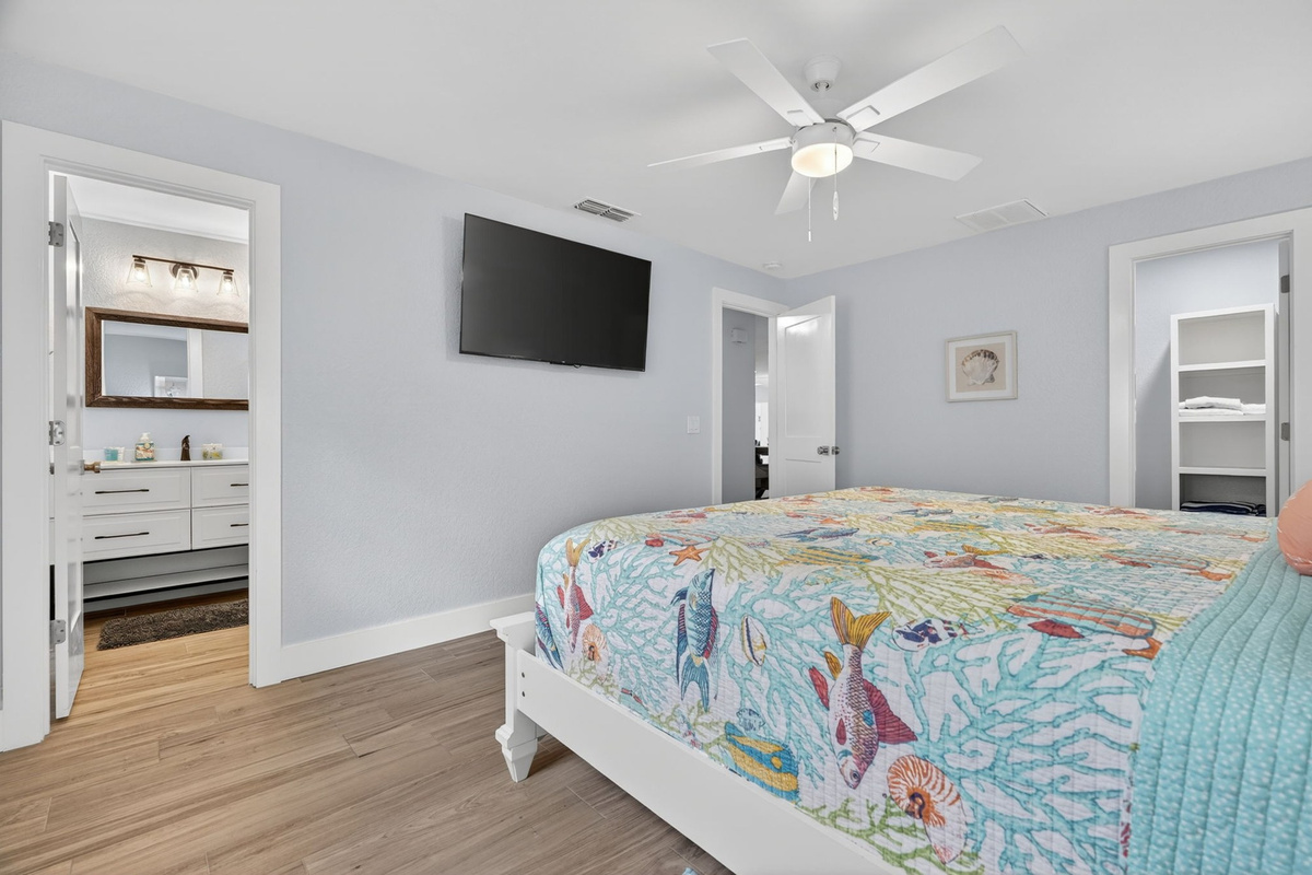 Bedroom with colorful bedspread