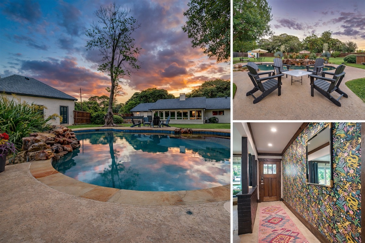 Bougie Bungalow at sunset. A private resort-style vacation rental on one acre in Keller, Texas, just minutes from Southlake, Grapevine, and DFW Airport.