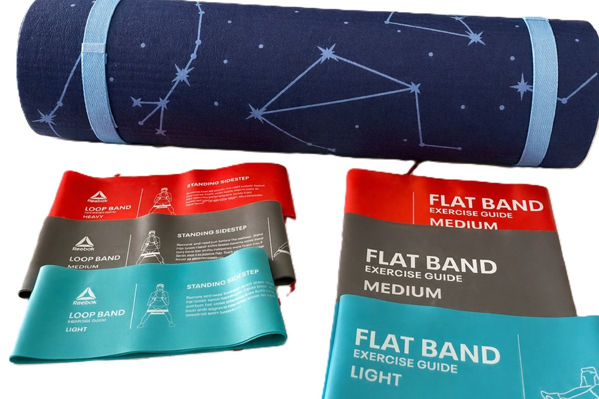 Resistance band exercise equipment and yoga mat available in the closet, for your convenience