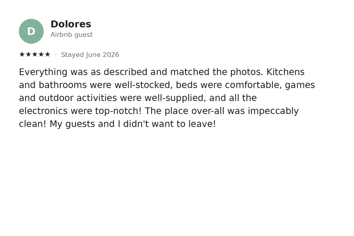 A real five-star guest review — Guest Favorite, 5.0 stars.