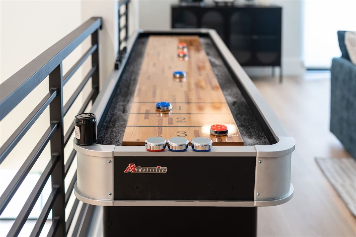 Shuffleboard table ready for friendly competition.