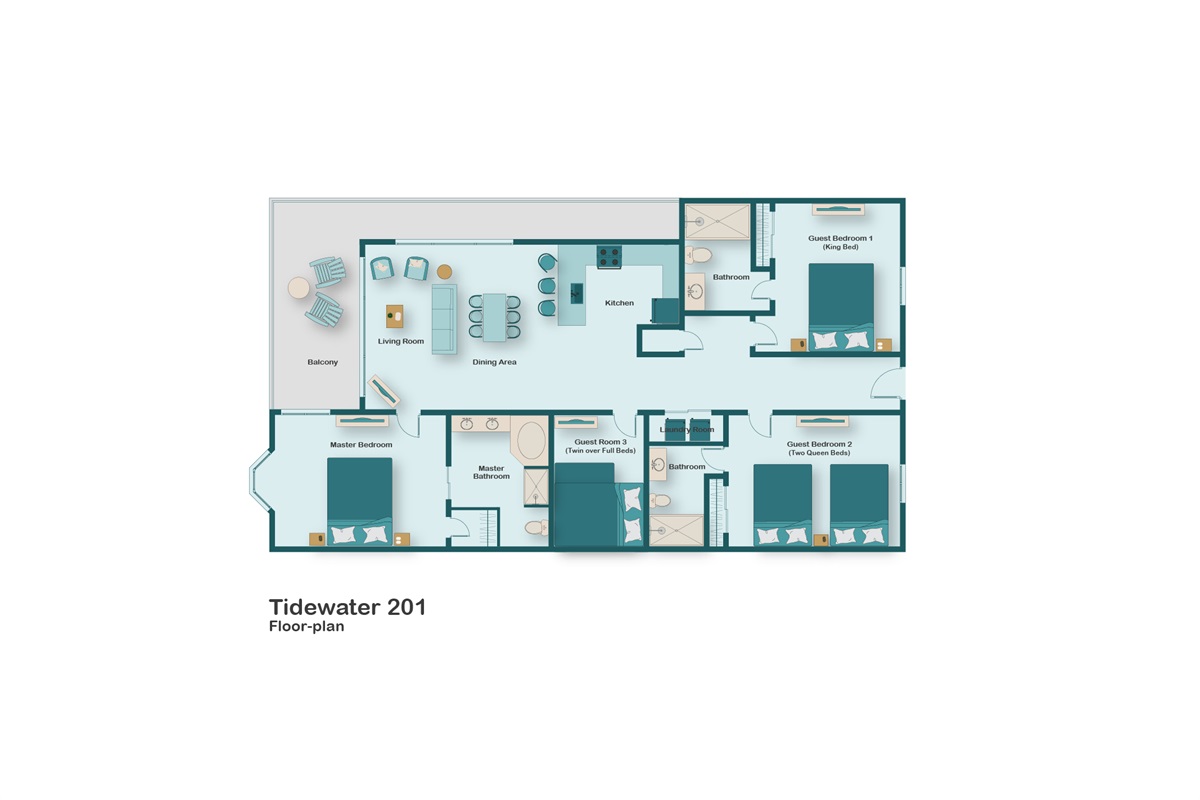Floor plan for Tidewater 201 - This Spacious, Beachfront Condo was Totally Remodeled and Beautifully Decorated in 2026, comes Fully-Stocked, and has Great Amenities-PRE-REMODEL PHOTOS, NEW PHOTOS COMING SOON