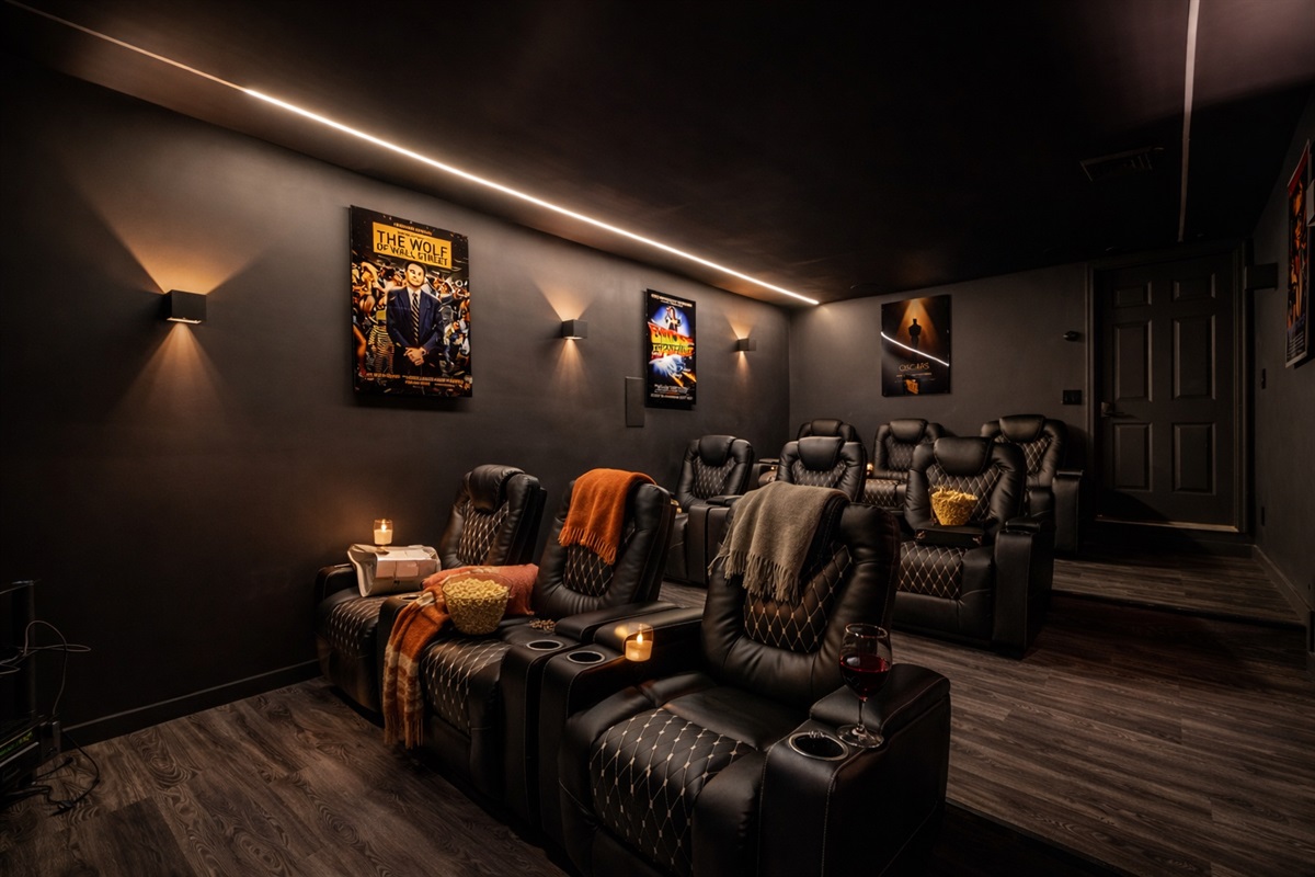 Recline in leather theater seats for movie night with the whole crew