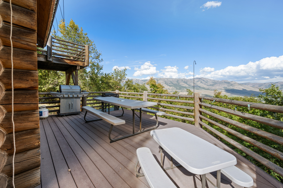 Spacious deck with grill, picnic seating, and room for outdoor meals.