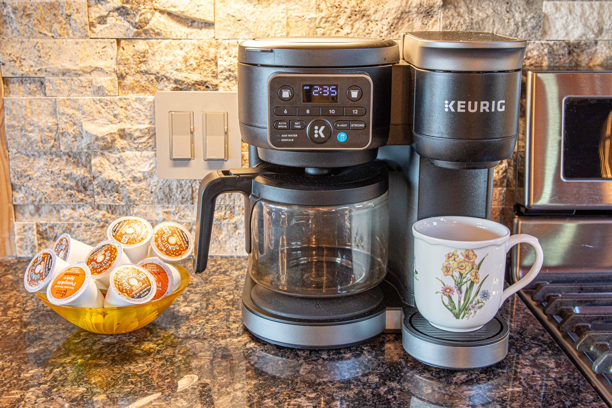 Coffee Area: Brew your morning coffee in style with our sleek Keurig and cozy cup collection!