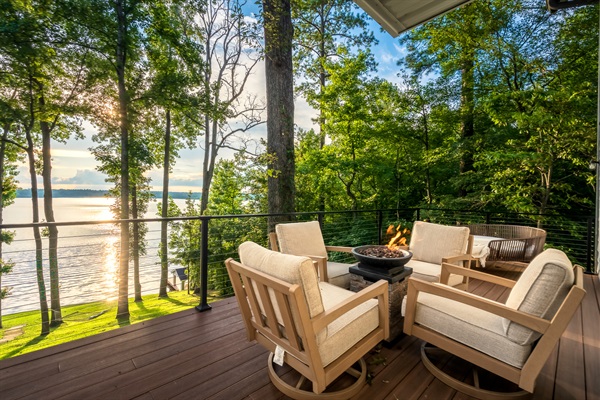 Deck firepit with sunset water views