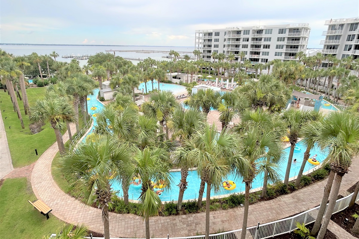 Cross the sky bridge to the lazy river on the Bay Side