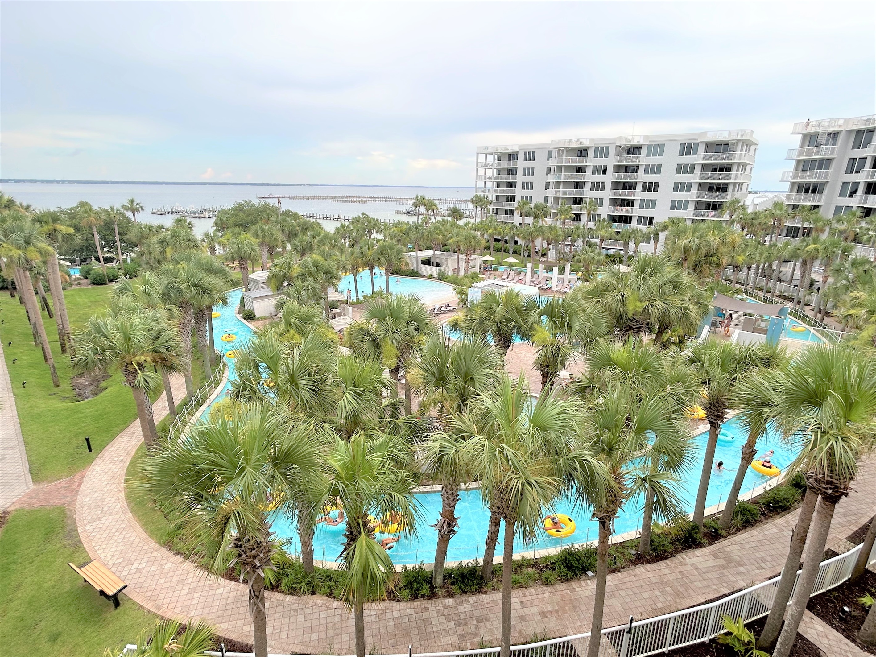 Cross the sky bridge to the lazy river on the Bay Side