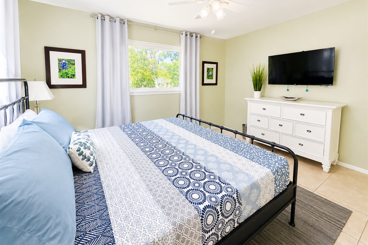 King bedroom with smart TV, darkening curtains, and lake view