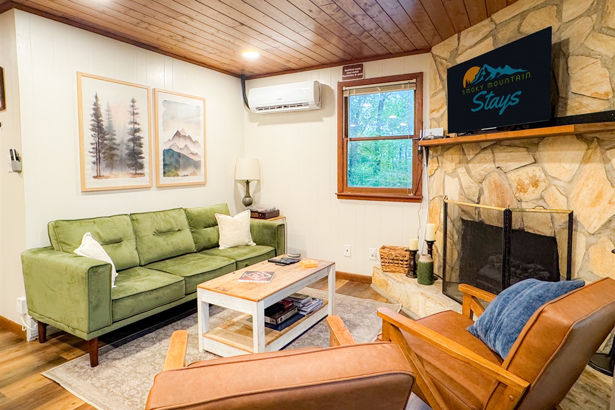 The main level living room features a Smart - Roku TV, seating for 5, and a record player!