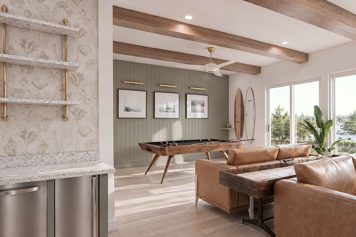 Game Room featuring a Pool Table, Custom-Glass Ping Pong, Shuffleboard, Foosball, and Arcade Games | Rendering 