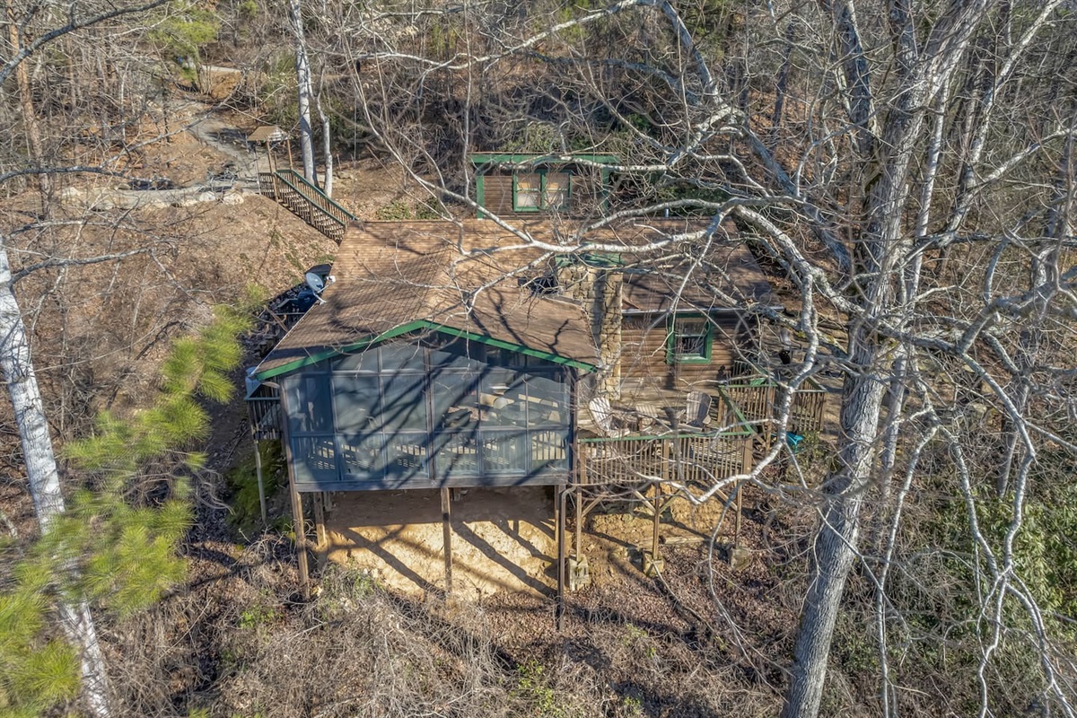 Upper drone view of the cabin.
