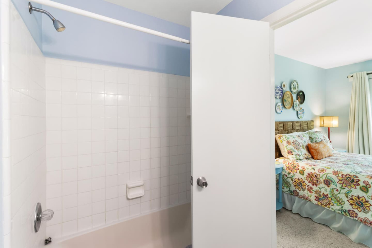 Step into the guest bathroom and find everything in arm's reach &mdash; compact but thoughtfully set up for a real stay.