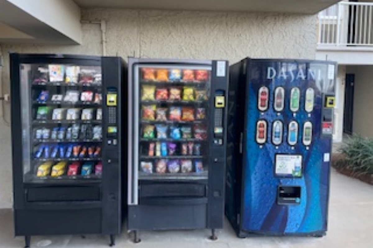 A variety of vending machines on property (drinks, snacks, Mini Melts & Sundries). We just got a new one that has sundries in it, like sunscreen, first aid kits, and charging cords.