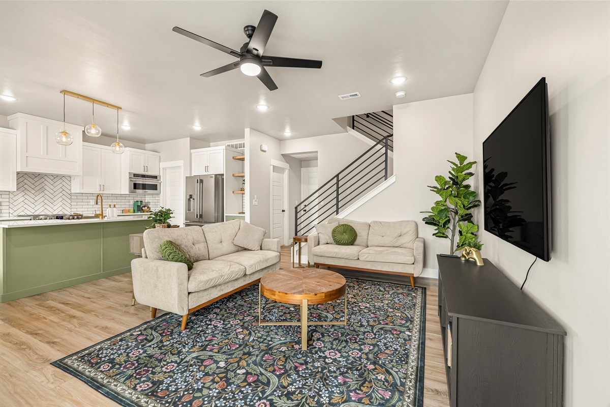 Main level living room and kitchen.