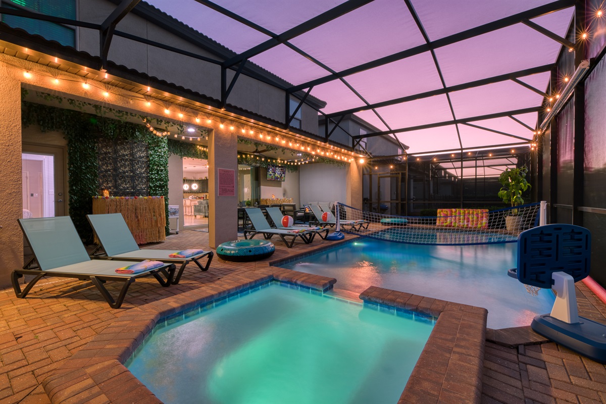 The pool and hot tub feature color changing LED lights