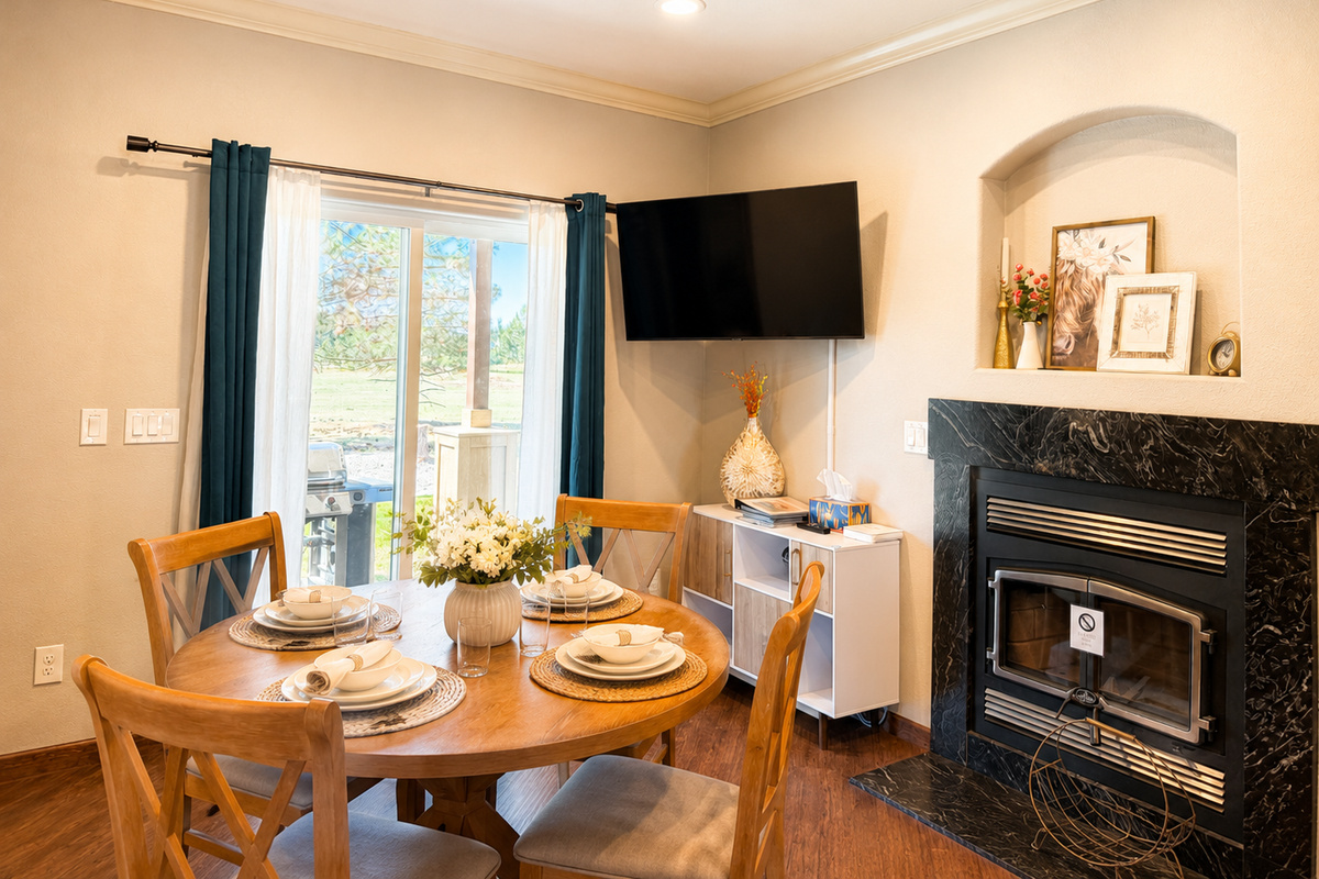 Experience the charm of intimate dining in our dining room. Set against a backdrop of soft lighting and inviting decor, this space invites you to share laughter and delicious meals with loved ones. (Indoor fireplace cannot be used)