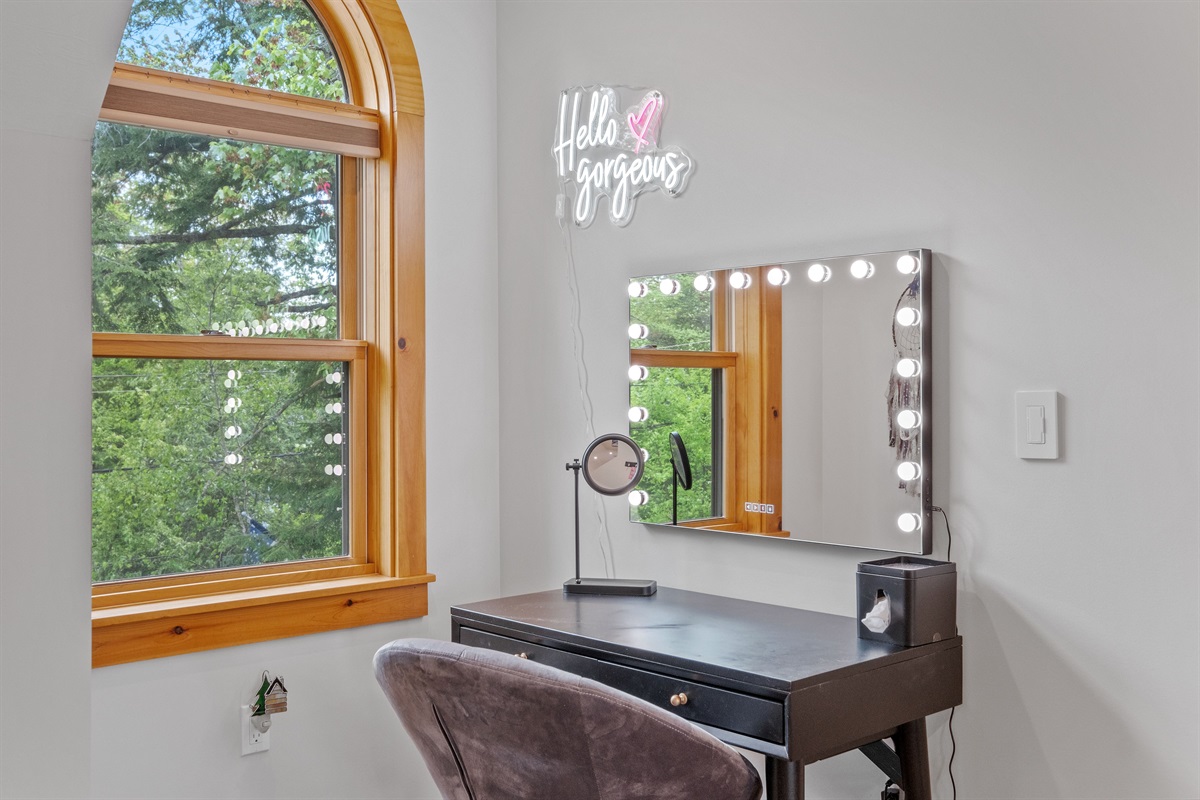 Makeup station in the second floor guest bedroom with king and two queen beds, the bath for this bedroom is a few steps down the hall