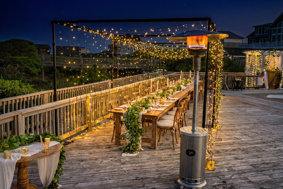Create the perfect atmosphere for rehearsal dinners or receptions. The deck structure allows for hanging cafe lights and greenery to create an intimate dining experience.